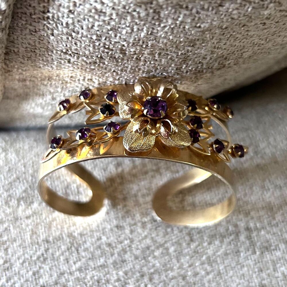 Vintage Gold Tone Floral Cuff Bracelet Purple Rhinestones Open Bangle